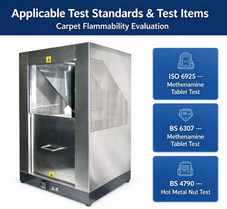 Carpet Flammability Tester ISO 6925 BS 6307 BS 4790 Floor Covering Hot Metal Nut & Methenamine Tablet Ignition Test Machine
